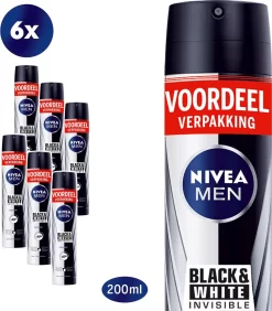 NIVEA MEN Invisible For Black & White Power Deodorant Spray - 6 X 200ml - Voordeelverpakking