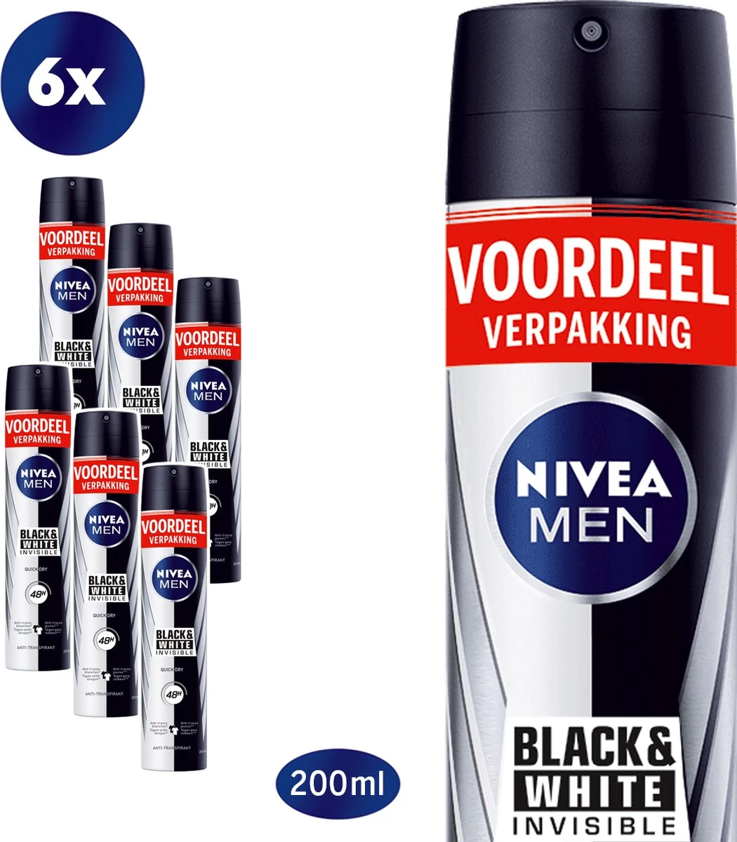 NIVEA MEN Invisible For Black & White Power Deodorant Spray - 6 X 200ml - Voordeelverpakking 1 NIVEA MEN Invisible For Black & White Power Deodorant Spray - 6 X 200ml - Voordeelverpakking