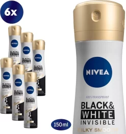 NIVEA Black & White Silky Smooth 6 X 150 Ml - Voordeelverpakking - Deodorant Spray