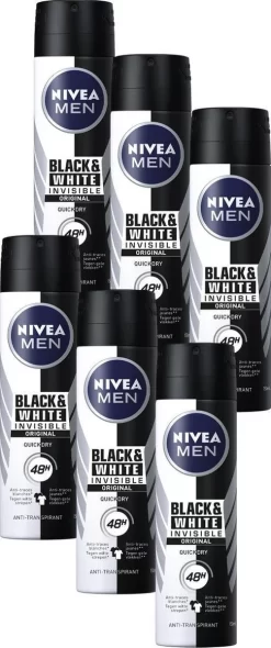 NIVEA MEN Invisible For Black & White Power - 6 X 150 Ml - Voordeelverpakking - Deodorant Spray
