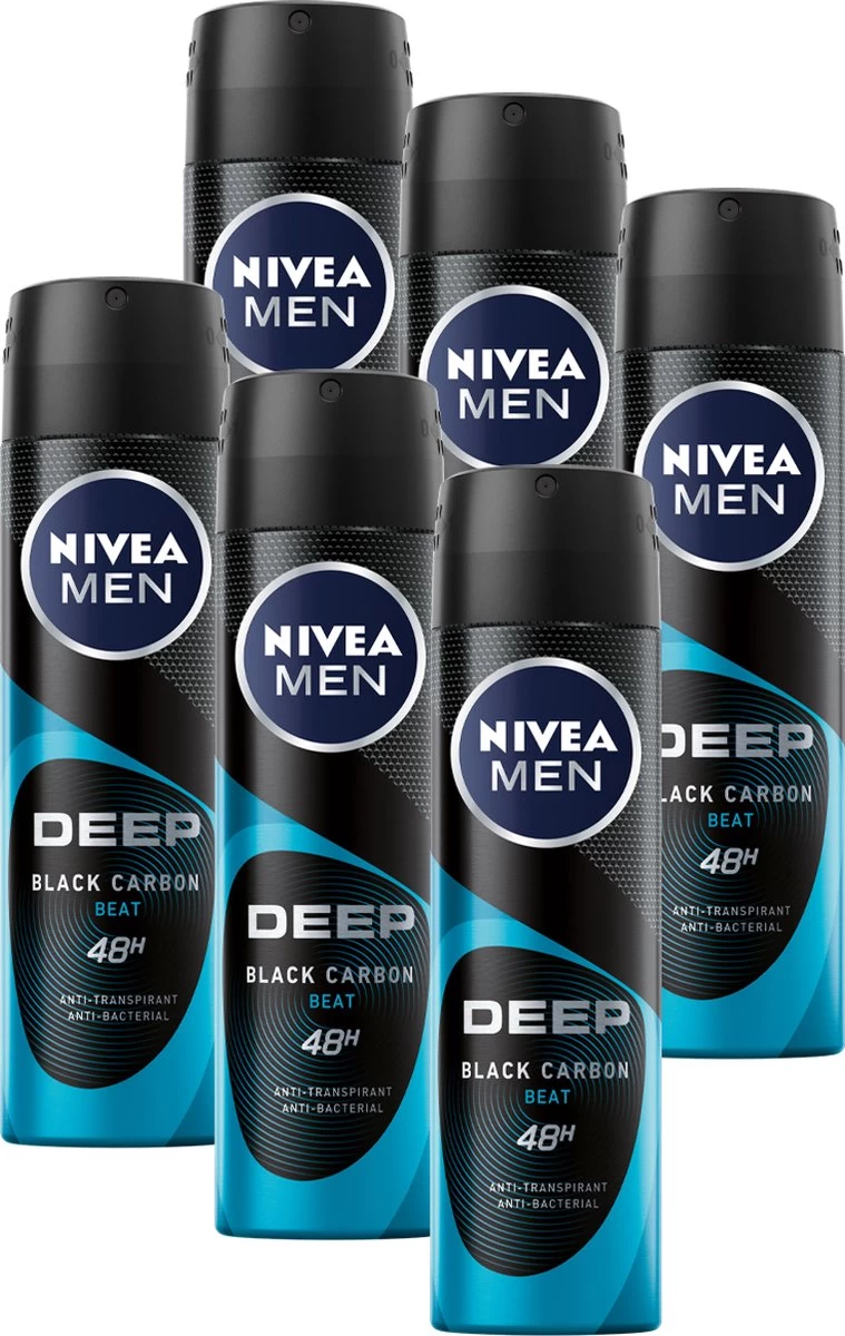NIVEA MEN Deep Black Carbon Beat Spray - Ant-transpirant - Voordeelverpakking 6 X 150 ML 1 NIVEA MEN Deep Black Carbon Beat Spray - Ant-transpirant - Voordeelverpakking 6 X 150 ML