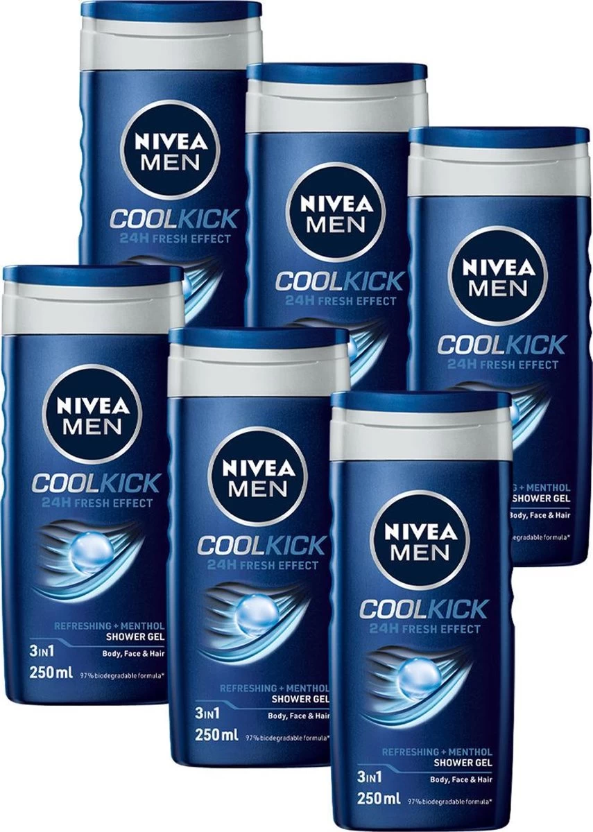 NIVEA MEN Cool Kick Shower Gel - 6 X 250 ML - Voordeelverpakking - Douchegel